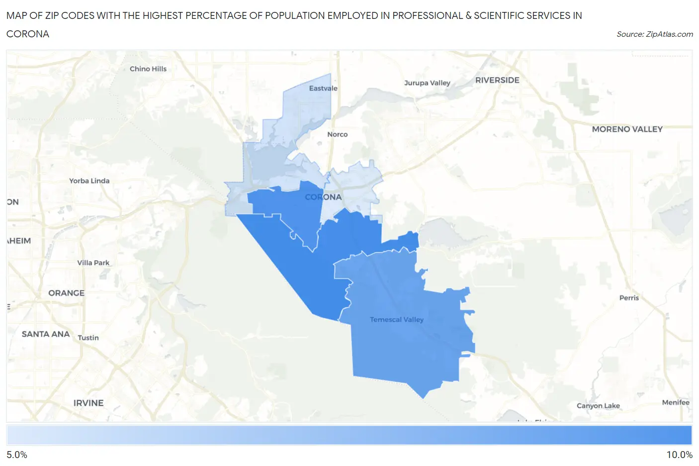 Zip Codes with the Highest Percentage of Population Employed in Professional & Scientific Services in Corona Map