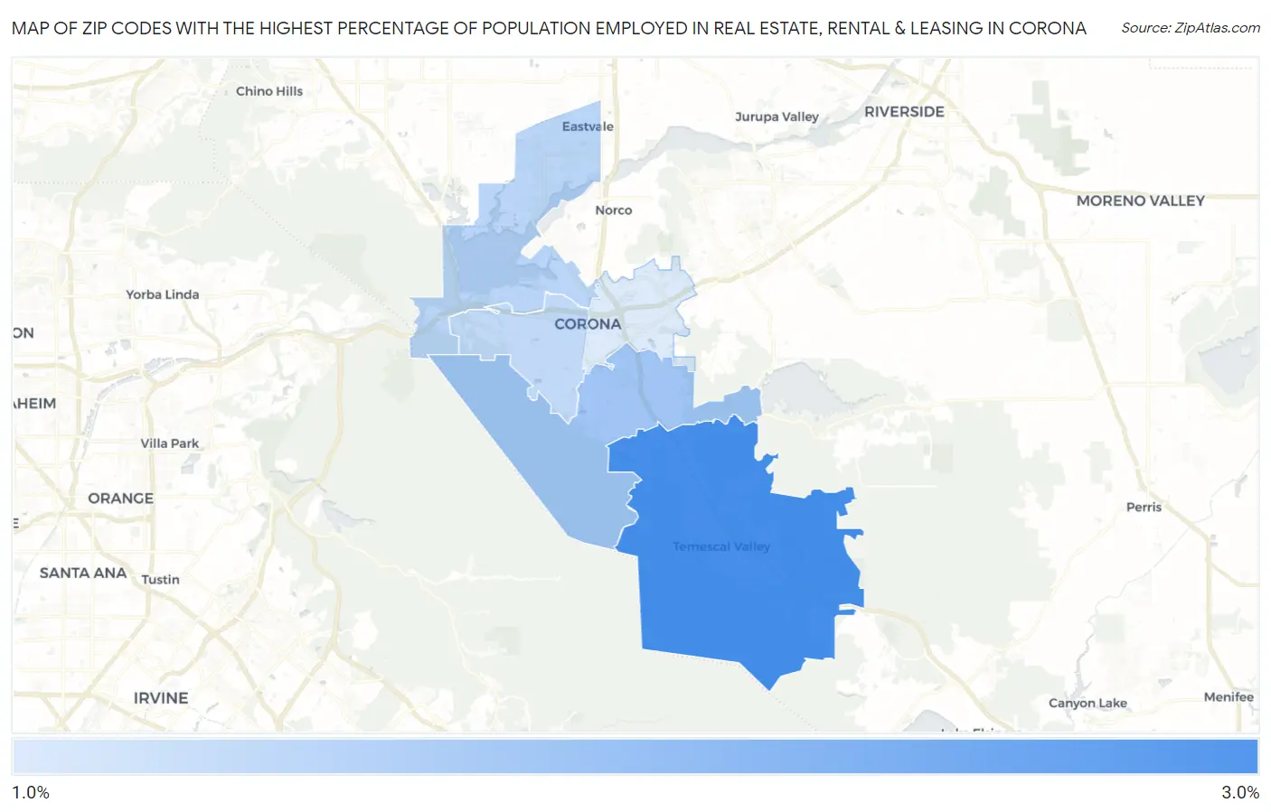 Zip Codes with the Highest Percentage of Population Employed in Real Estate, Rental & Leasing in Corona Map