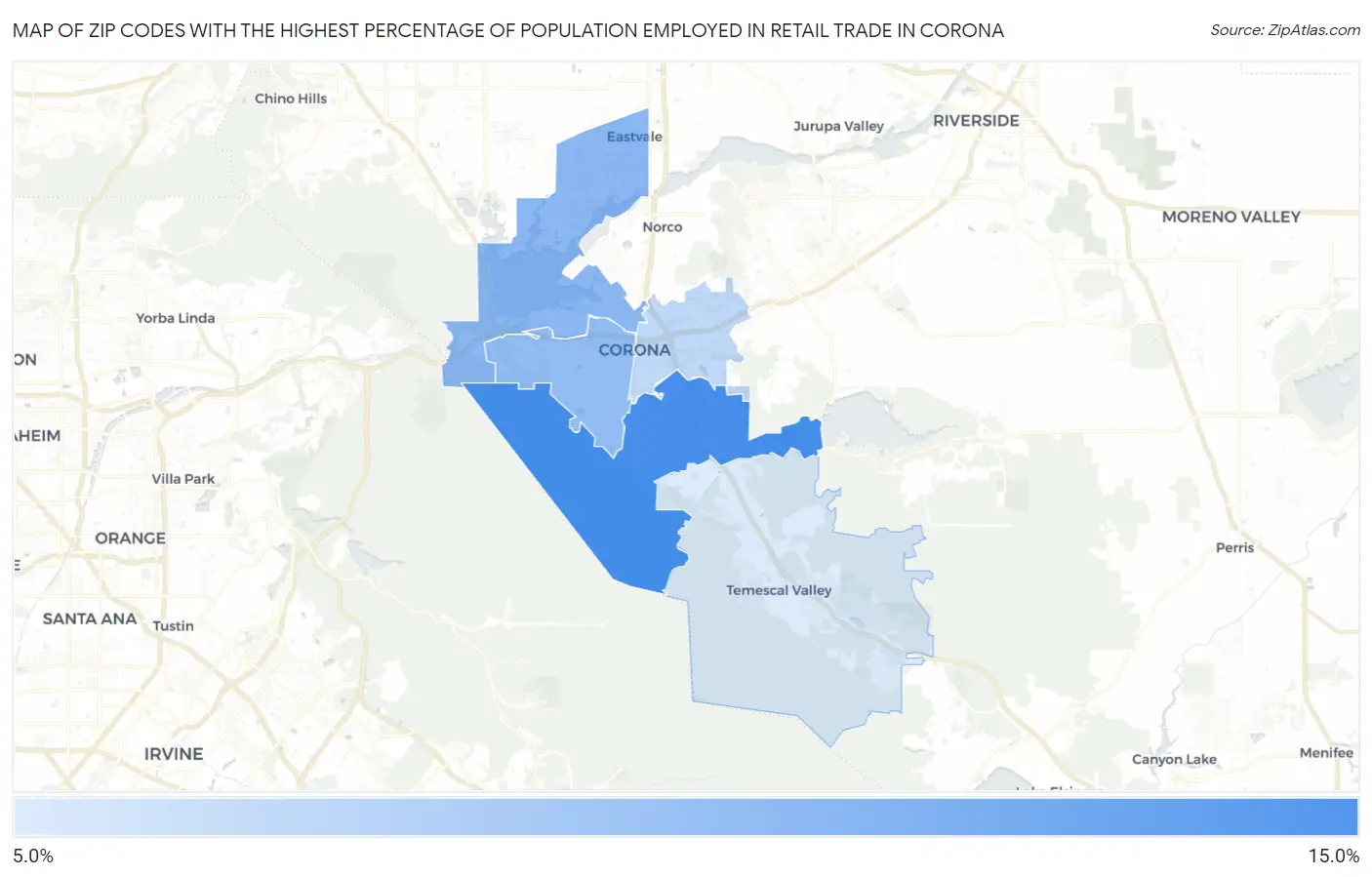 Zip Codes with the Highest Percentage of Population Employed in Retail Trade in Corona Map