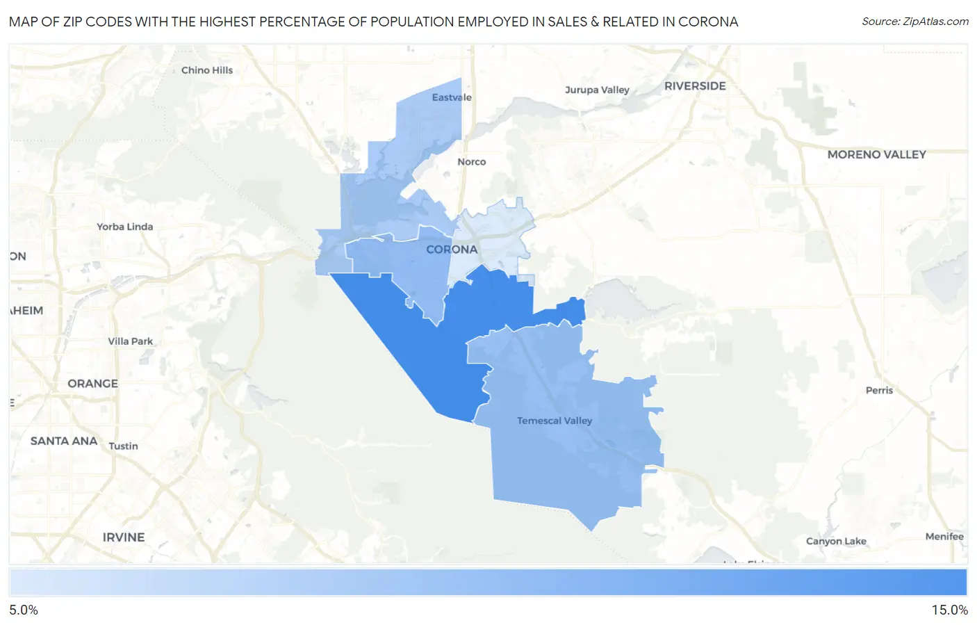 Zip Codes with the Highest Percentage of Population Employed in Sales & Related in Corona Map