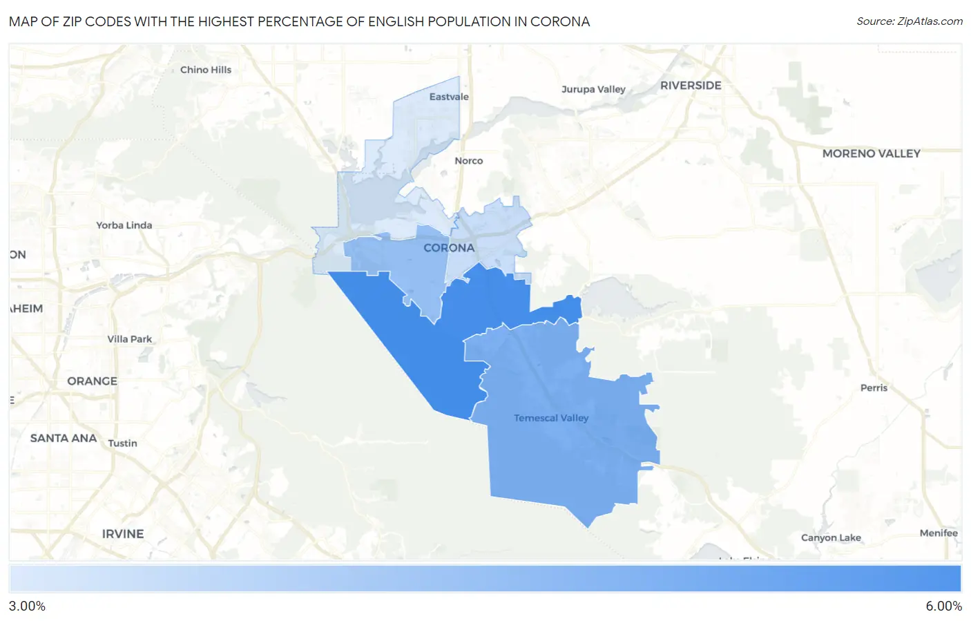 Zip Codes with the Highest Percentage of English Population in Corona Map