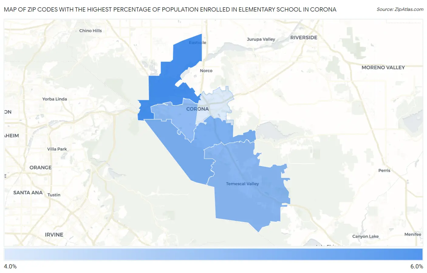 Zip Codes with the Highest Percentage of Population Enrolled in Elementary School in Corona Map