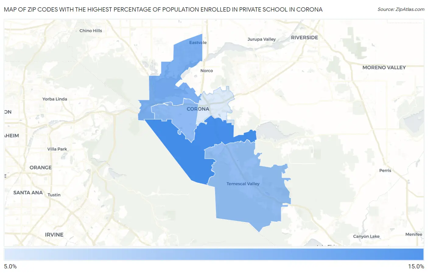 Zip Codes with the Highest Percentage of Population Enrolled in Private School in Corona Map