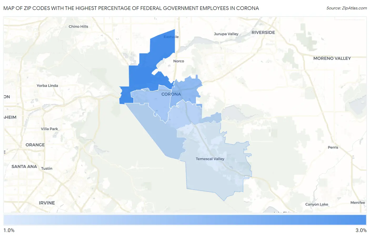 Zip Codes with the Highest Percentage of Federal Government Employees in Corona Map