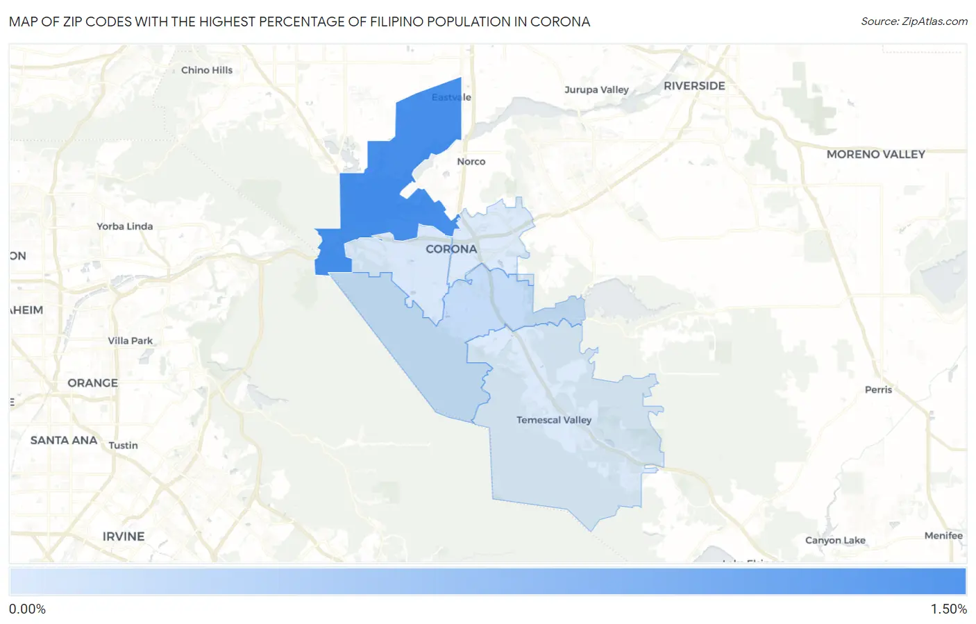 Zip Codes with the Highest Percentage of Filipino Population in Corona Map