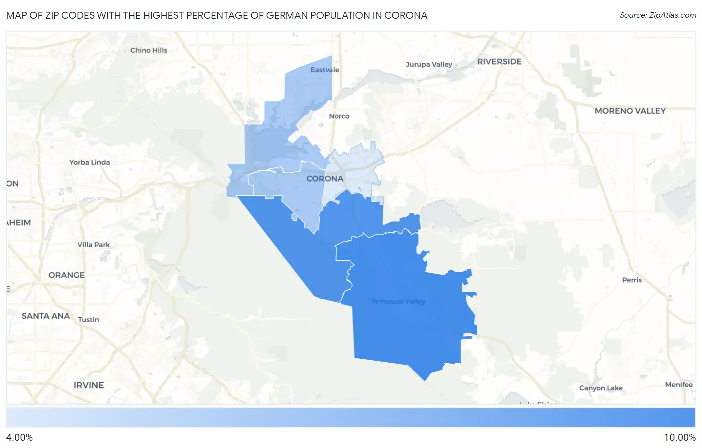 Zip Codes with the Highest Percentage of German Population in Corona Map