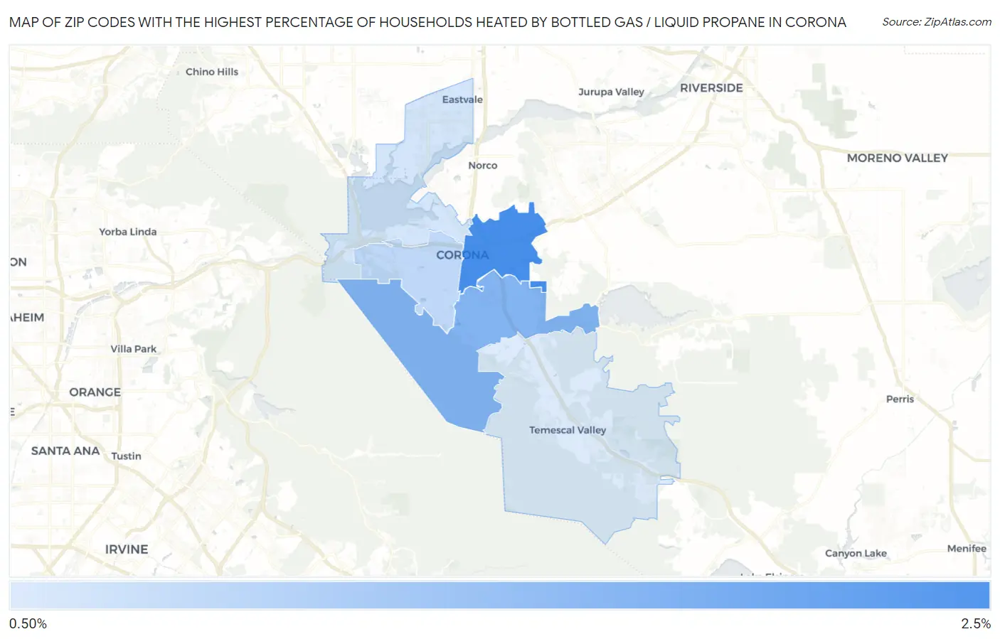 Zip Codes with the Highest Percentage of Households Heated by Bottled Gas / Liquid Propane in Corona Map