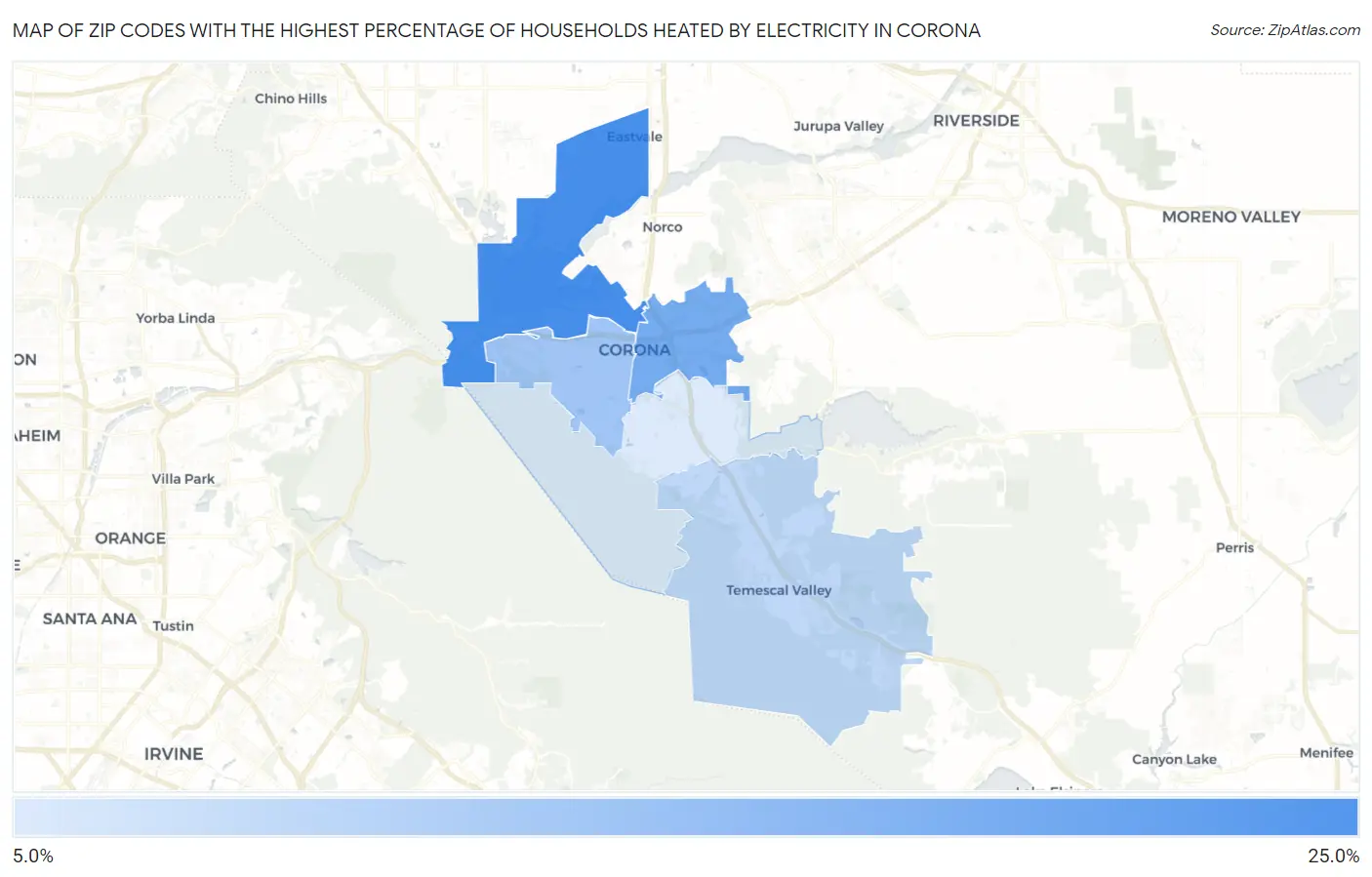 Zip Codes with the Highest Percentage of Households Heated by Electricity in Corona Map