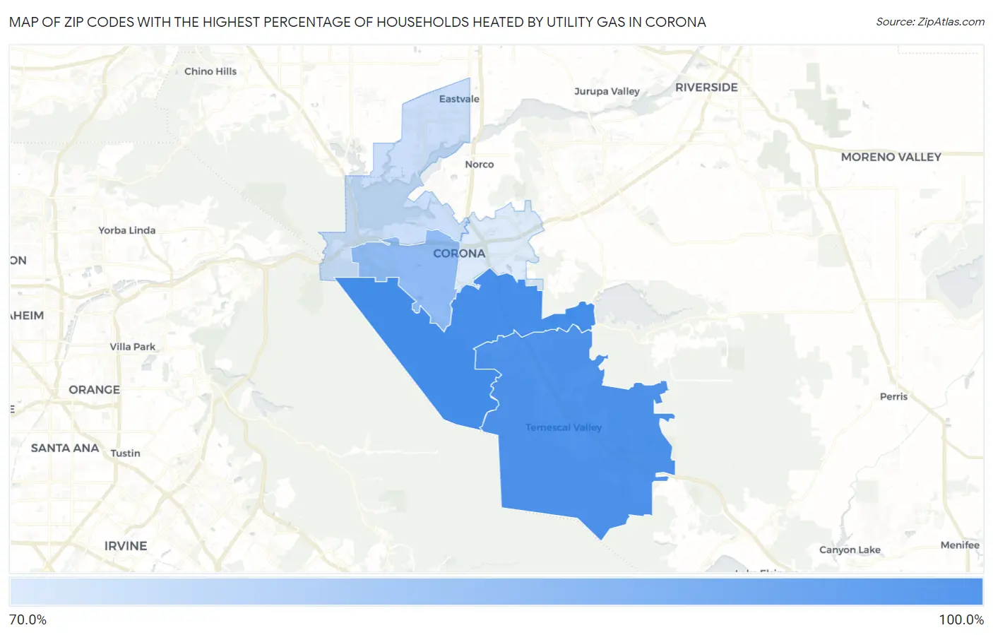 Zip Codes with the Highest Percentage of Households Heated by Utility Gas in Corona Map