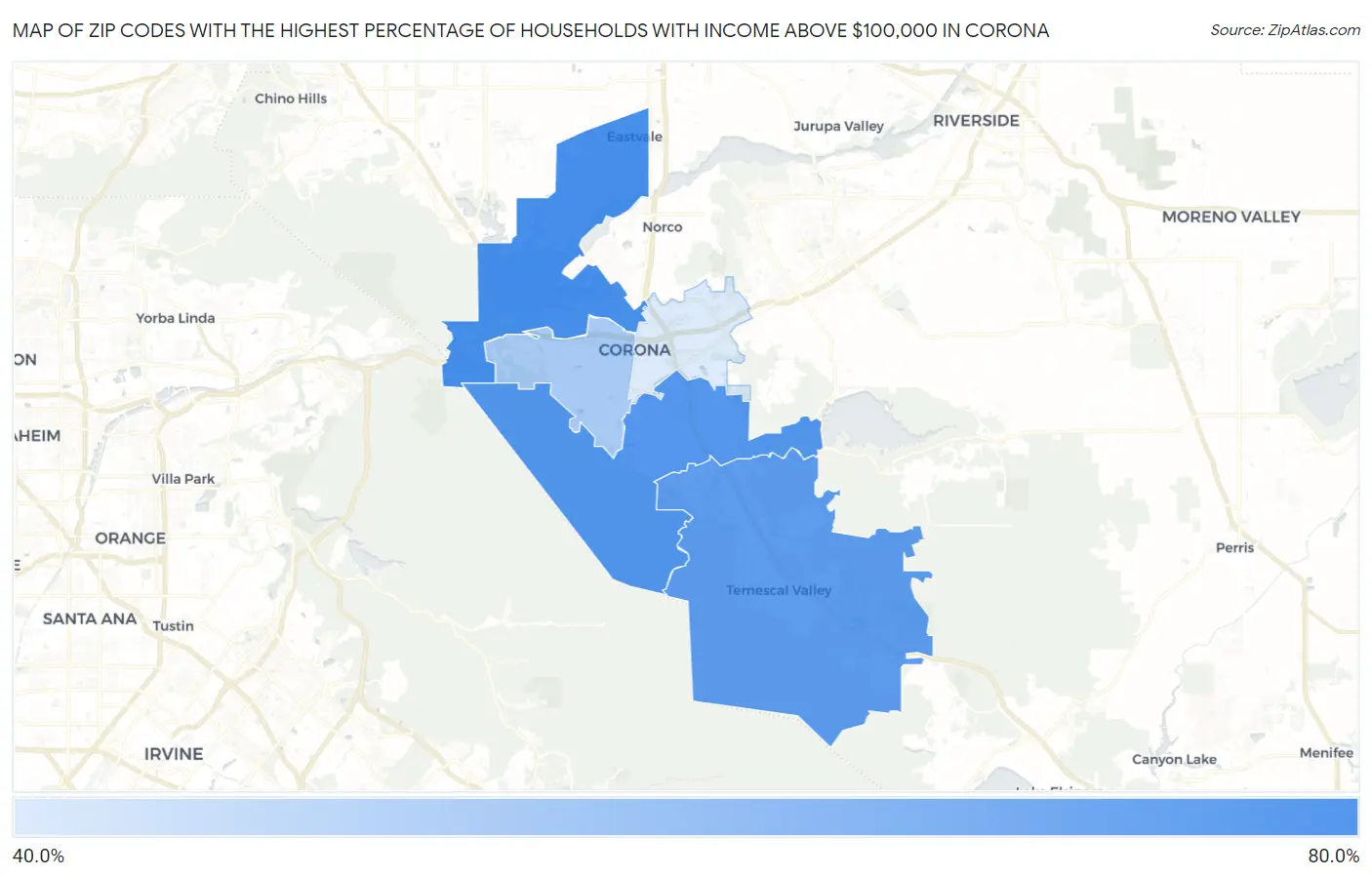 Zip Codes with the Highest Percentage of Households with Income Above $100,000 in Corona Map