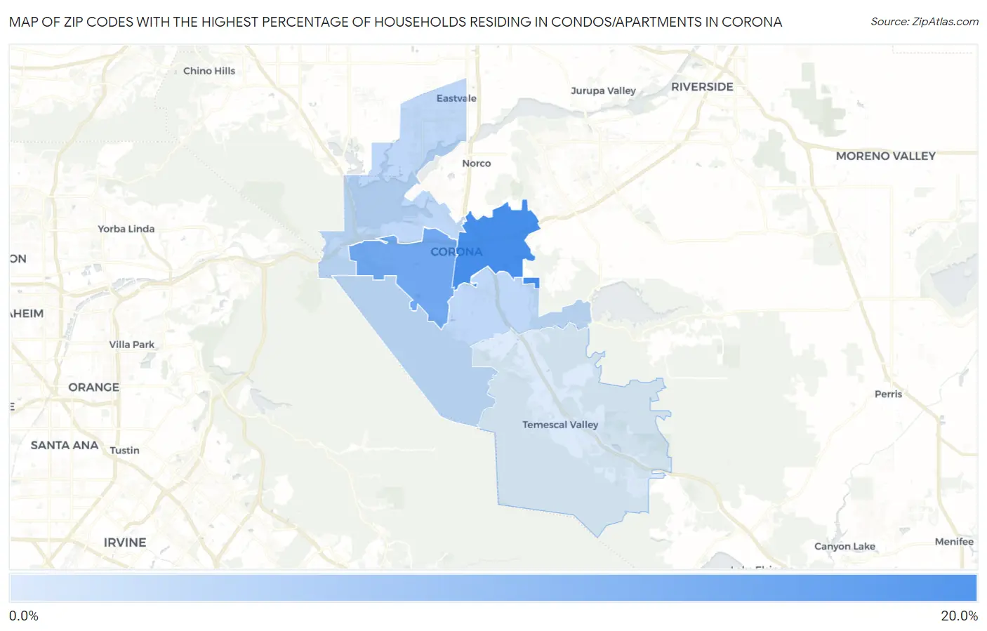 Zip Codes with the Highest Percentage of Households Residing in Condos/Apartments in Corona Map