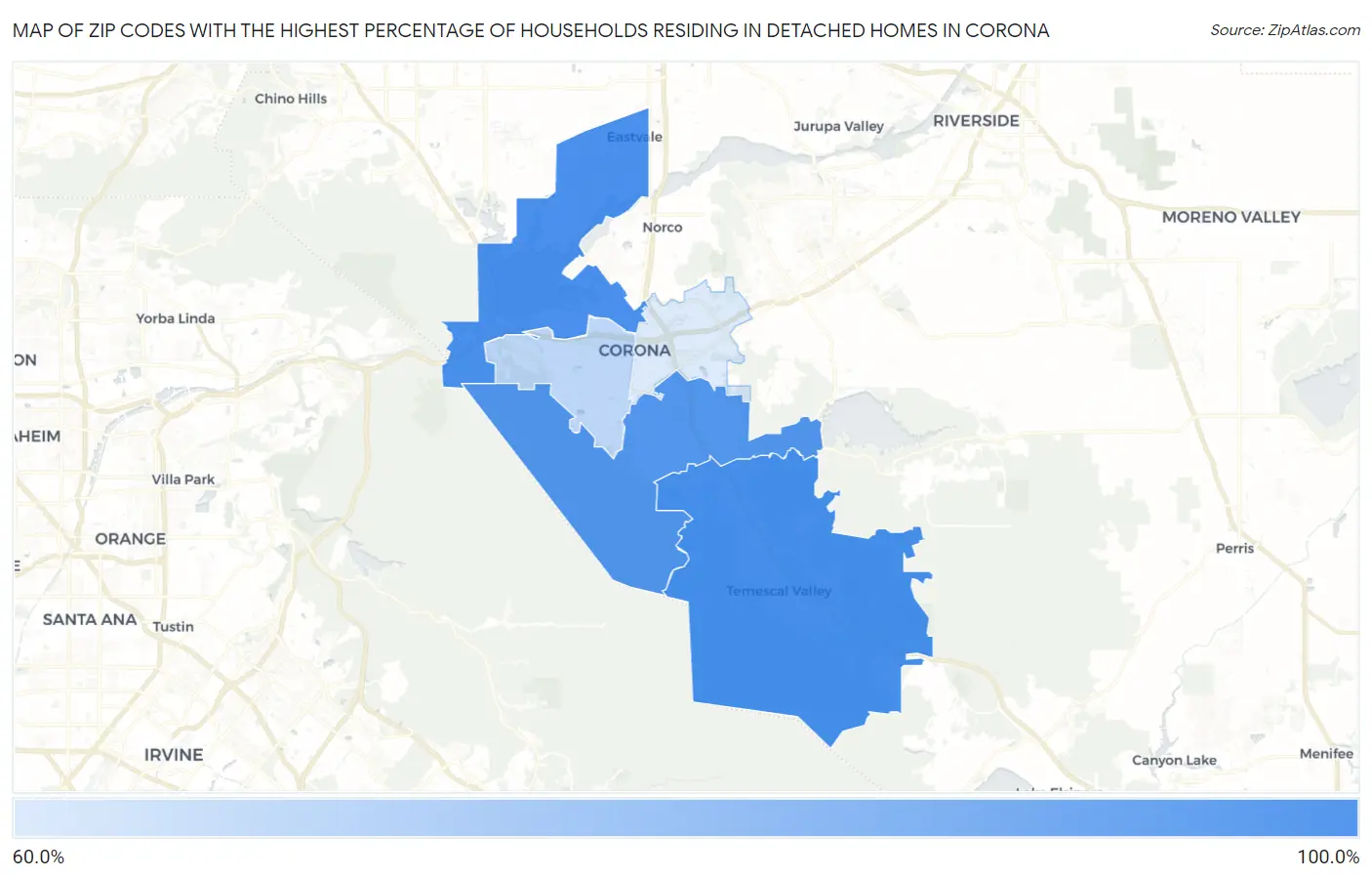 Zip Codes with the Highest Percentage of Households Residing in Detached Homes in Corona Map