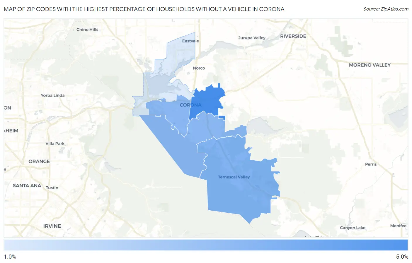 Zip Codes with the Highest Percentage of Households Without a Vehicle in Corona Map