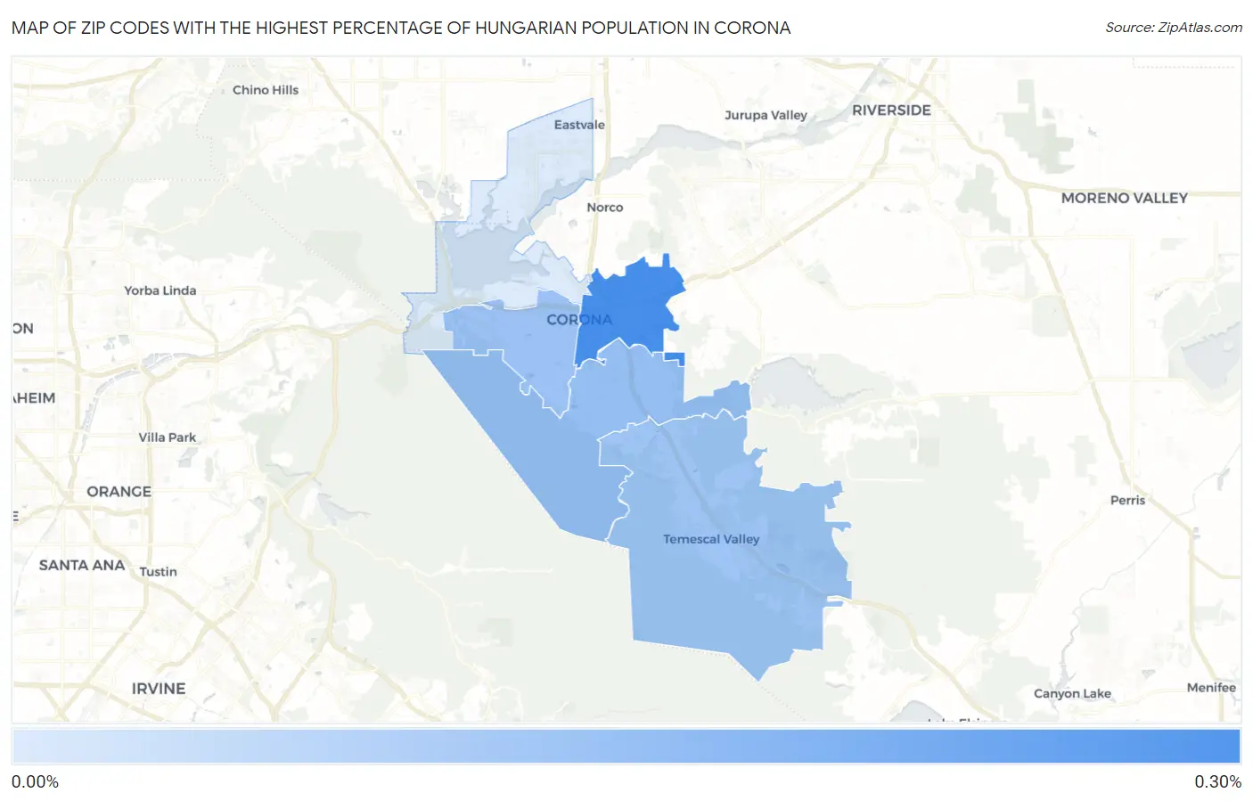 Zip Codes with the Highest Percentage of Hungarian Population in Corona Map