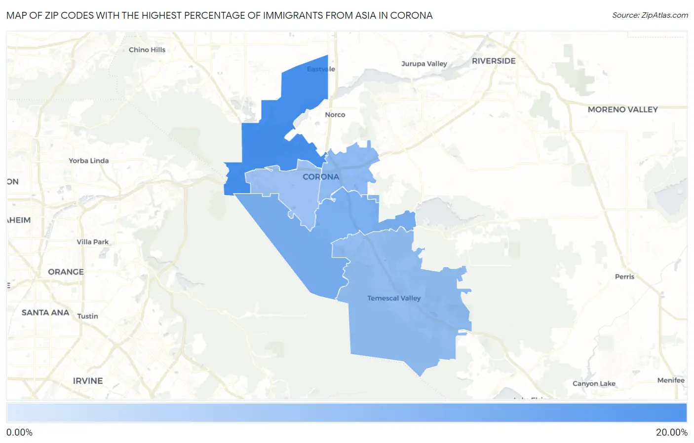 Zip Codes with the Highest Percentage of Immigrants from Asia in Corona Map