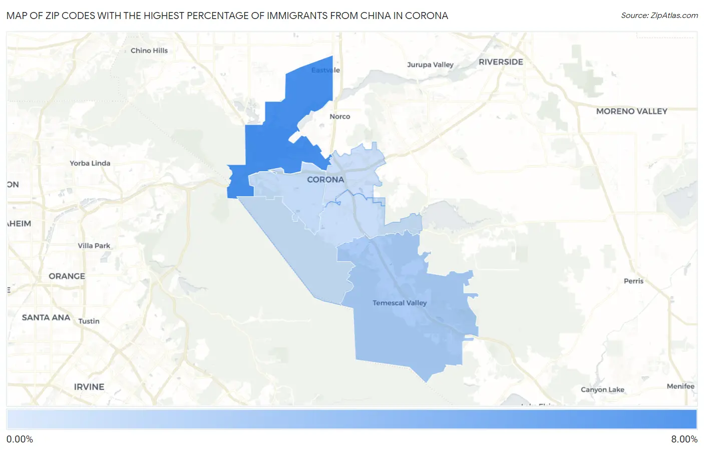 Zip Codes with the Highest Percentage of Immigrants from China in Corona Map
