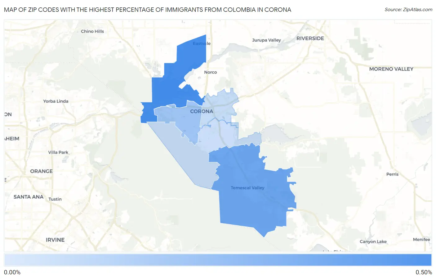 Zip Codes with the Highest Percentage of Immigrants from Colombia in Corona Map