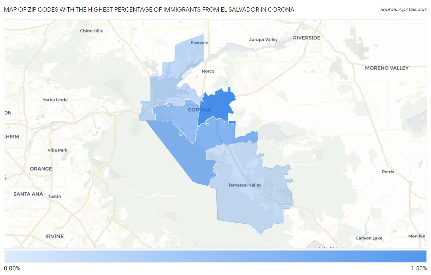 Zip Codes with the Highest Percentage of Immigrants from El Salvador in Corona Map