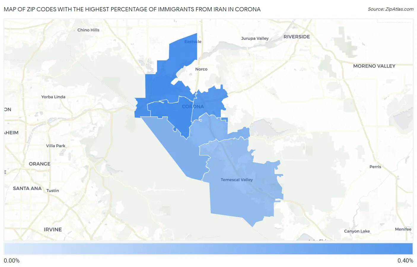 Zip Codes with the Highest Percentage of Immigrants from Iran in Corona Map