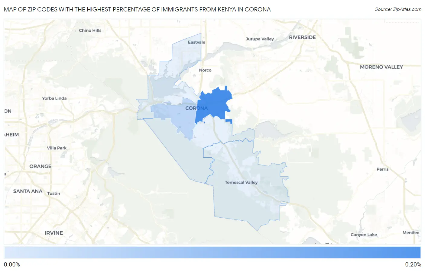 Zip Codes with the Highest Percentage of Immigrants from Kenya in Corona Map