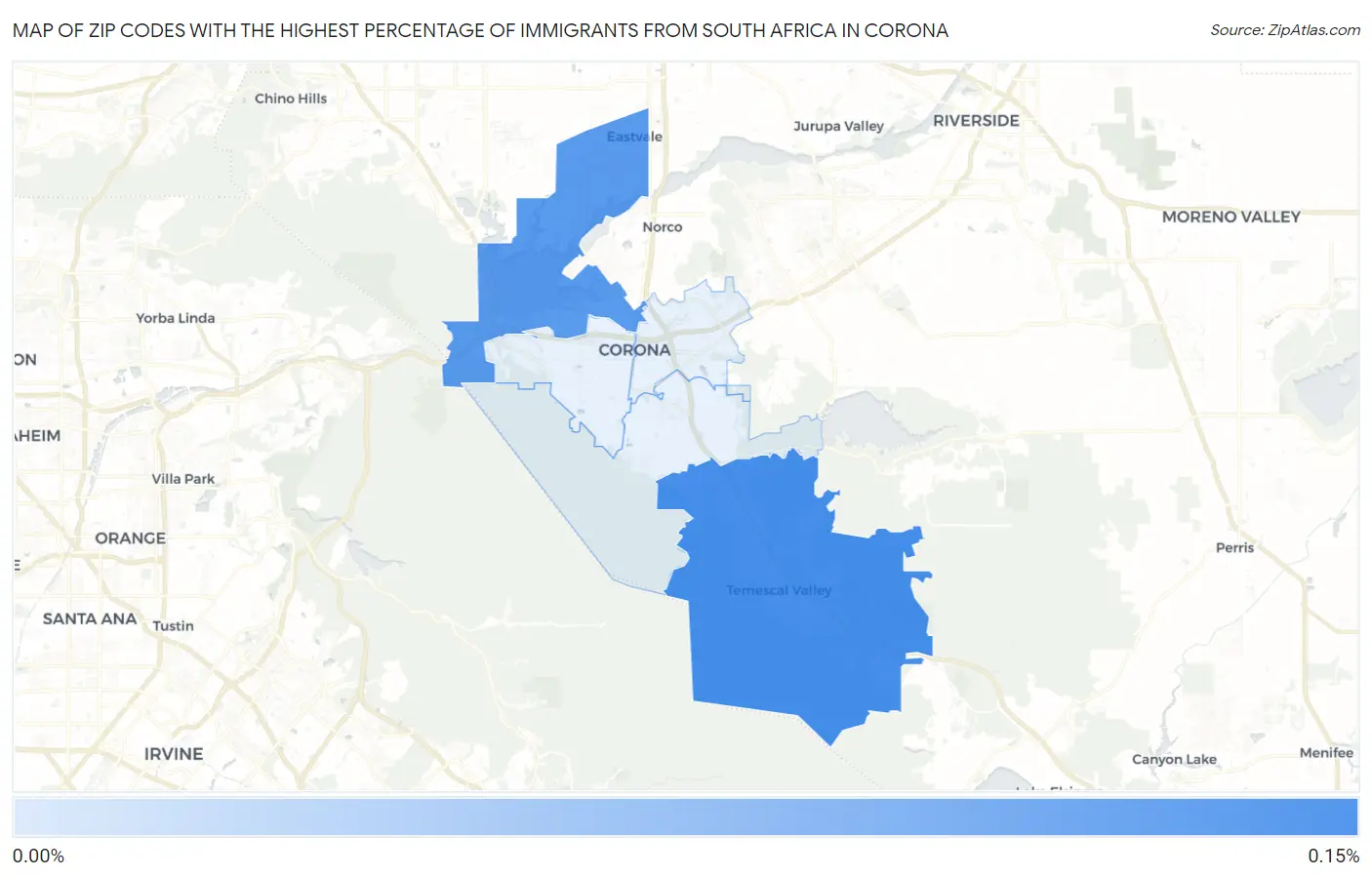 Zip Codes with the Highest Percentage of Immigrants from South Africa in Corona Map