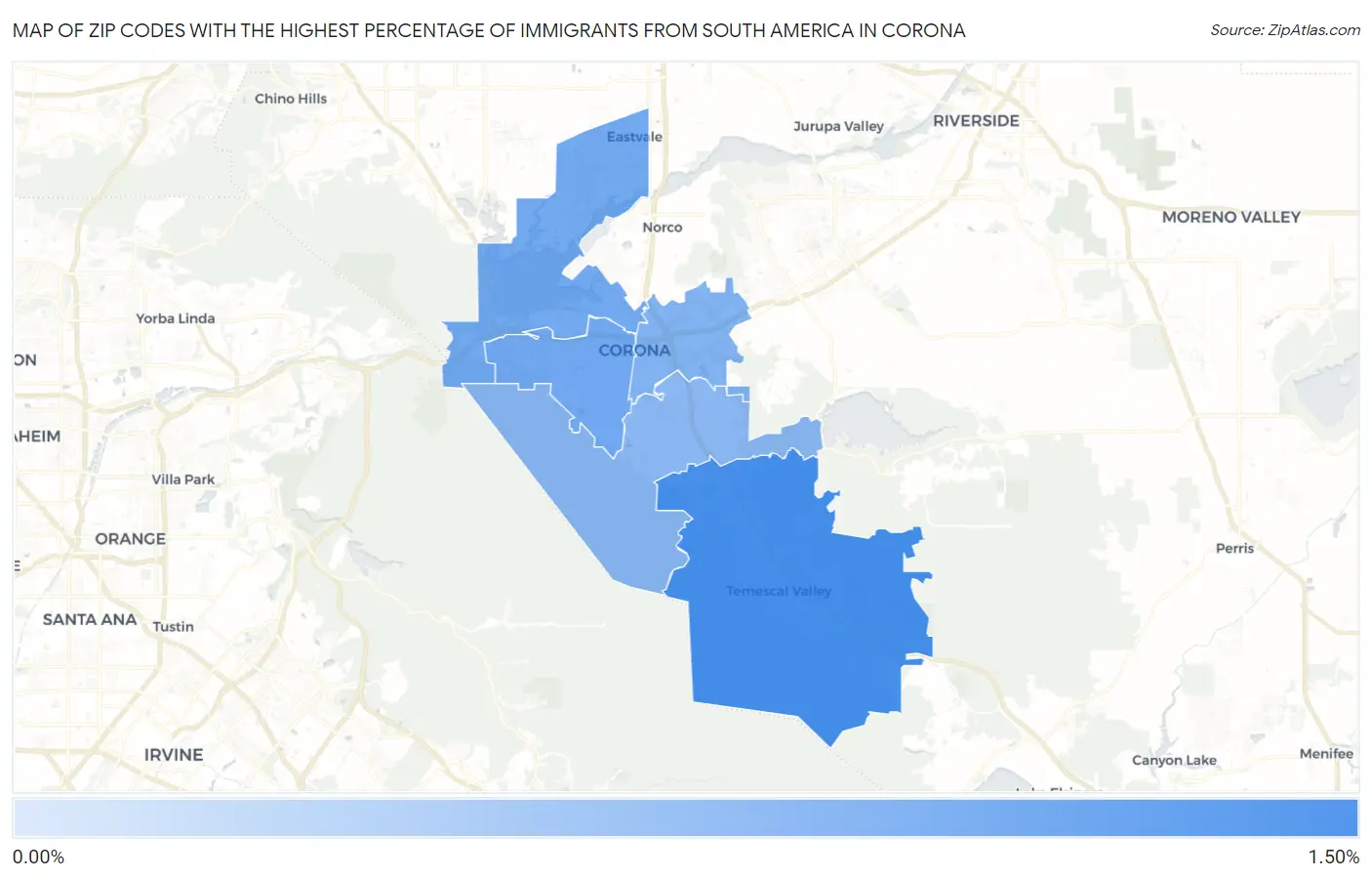 Zip Codes with the Highest Percentage of Immigrants from South America in Corona Map