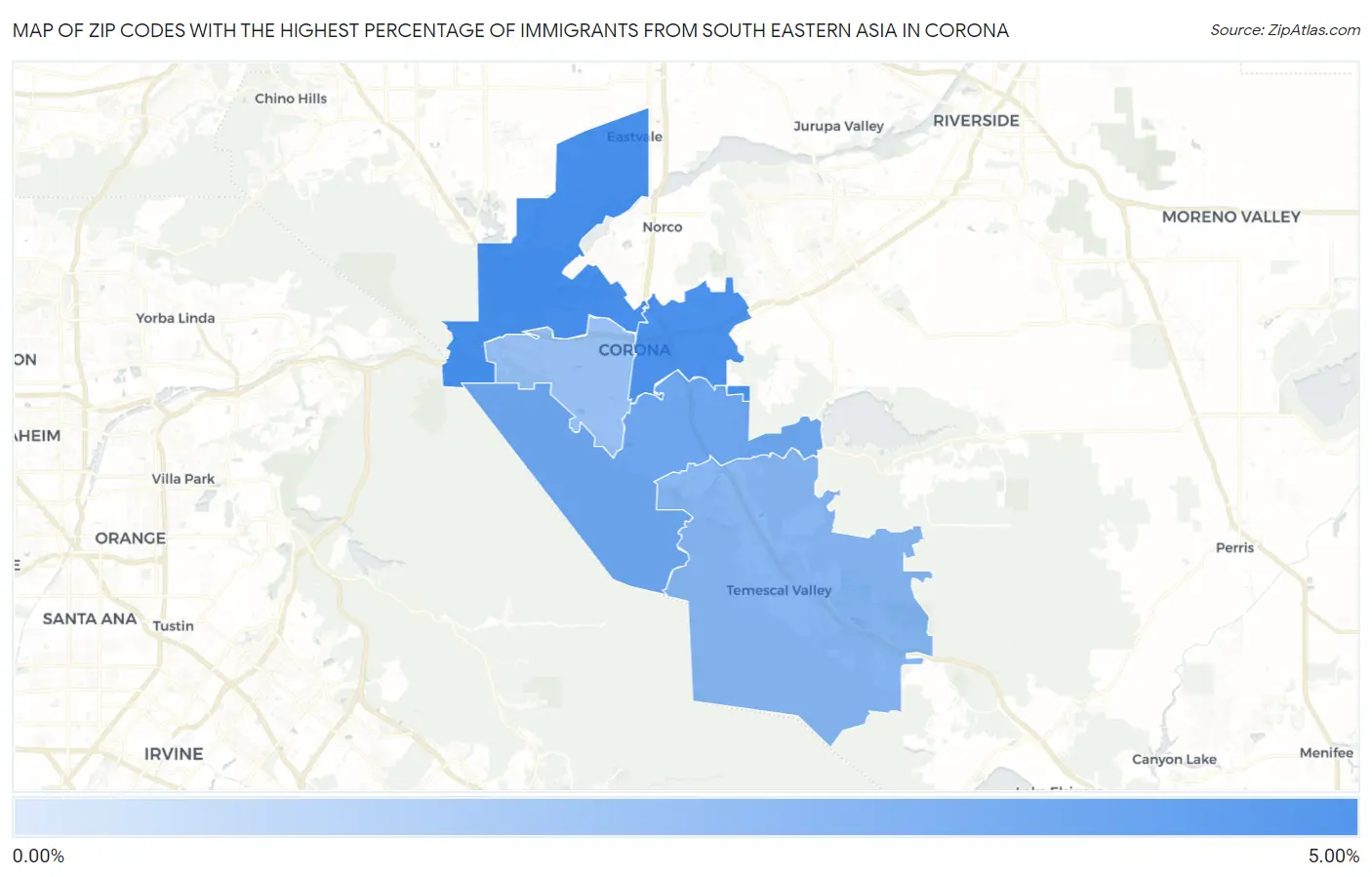 Zip Codes with the Highest Percentage of Immigrants from South Eastern Asia in Corona Map