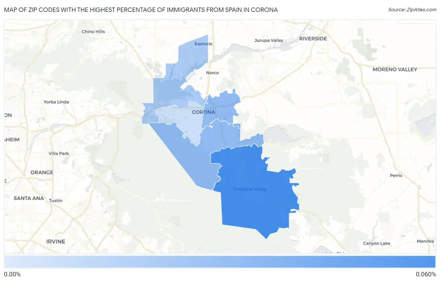 Zip Codes with the Highest Percentage of Immigrants from Spain in Corona Map