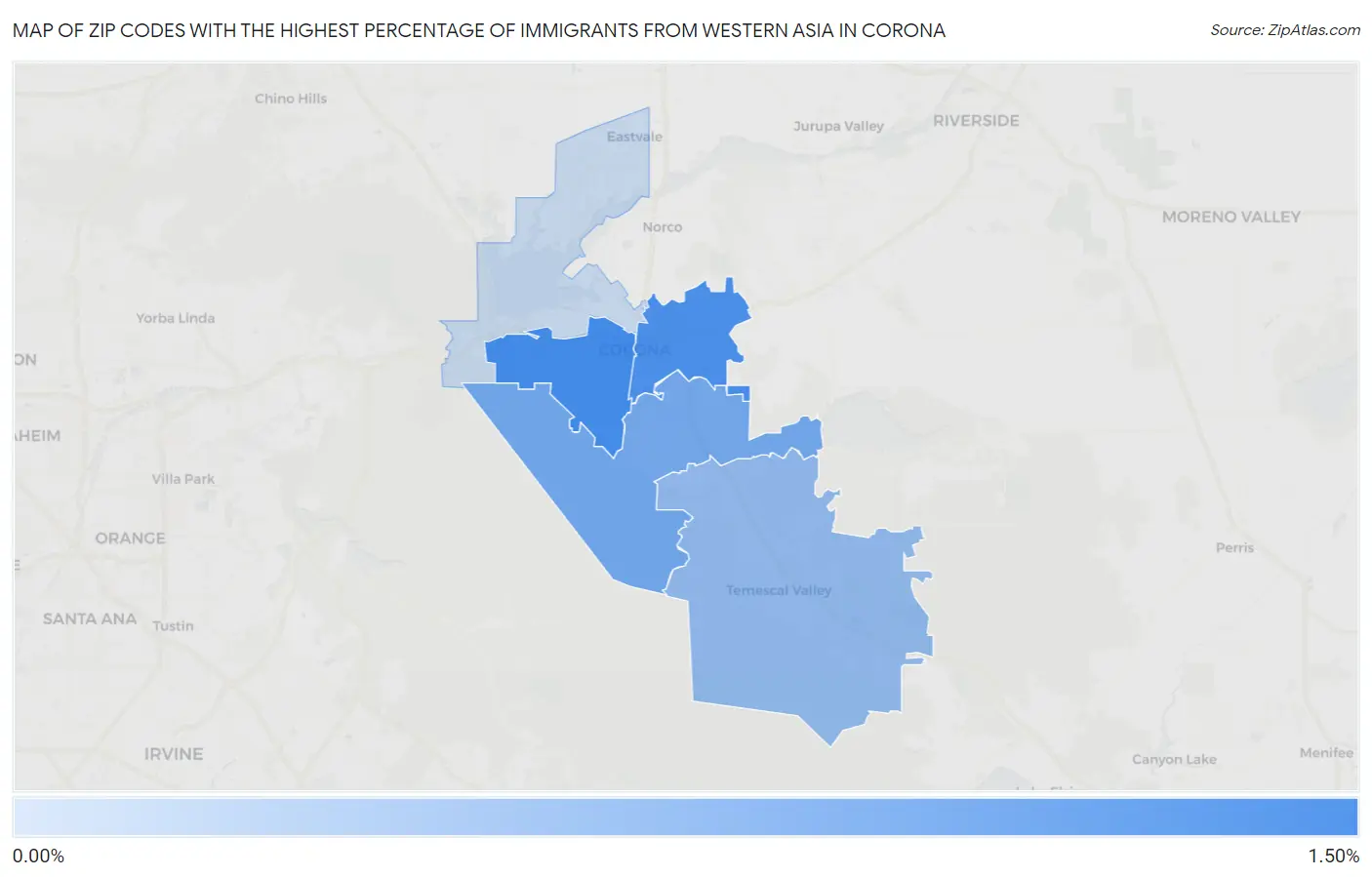 Zip Codes with the Highest Percentage of Immigrants from Western Asia in Corona Map