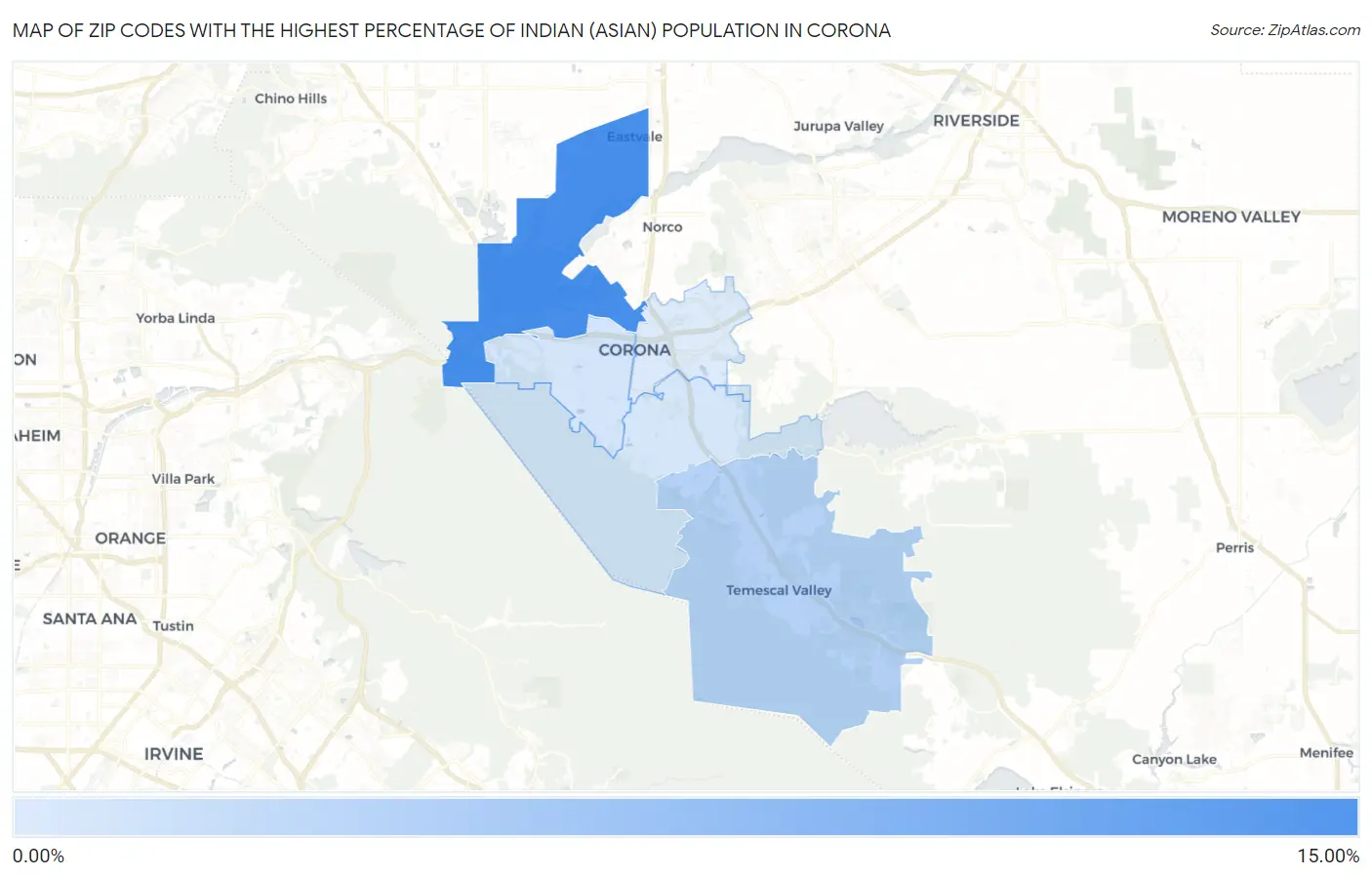 Zip Codes with the Highest Percentage of Indian (Asian) Population in Corona Map