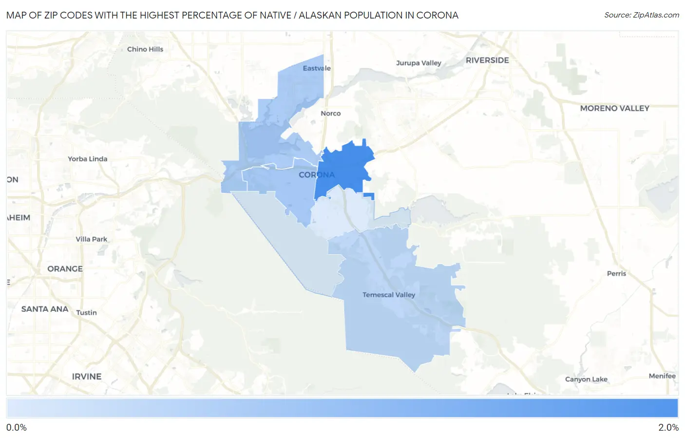 Zip Codes with the Highest Percentage of Native / Alaskan Population in Corona Map