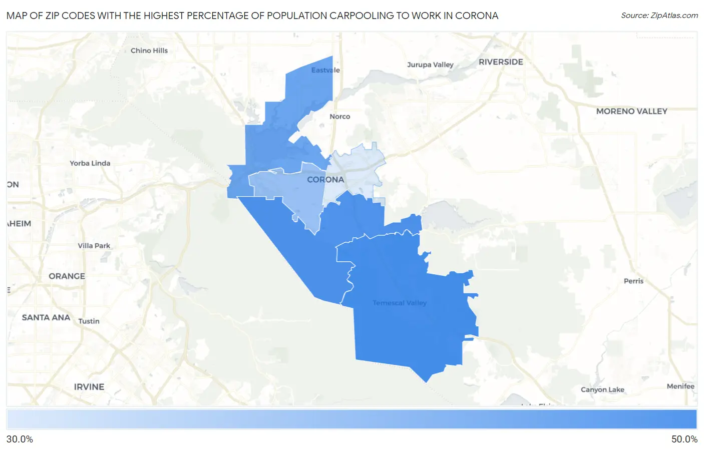 Zip Codes with the Highest Percentage of Population Carpooling to Work in Corona Map