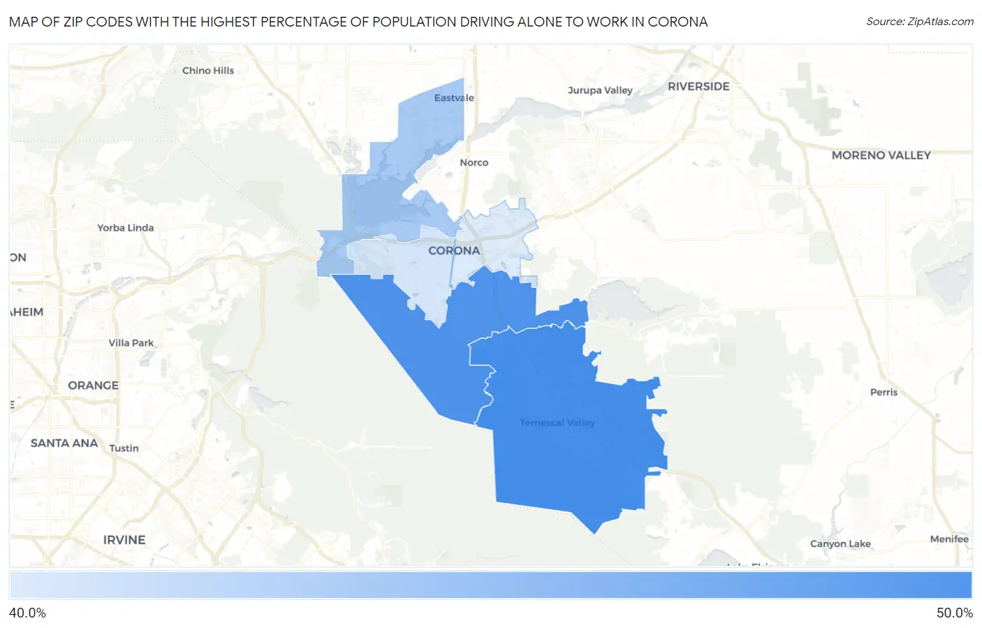 Zip Codes with the Highest Percentage of Population Driving Alone to Work in Corona Map