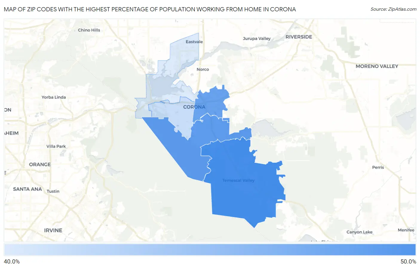 Zip Codes with the Highest Percentage of Population Working from Home in Corona Map