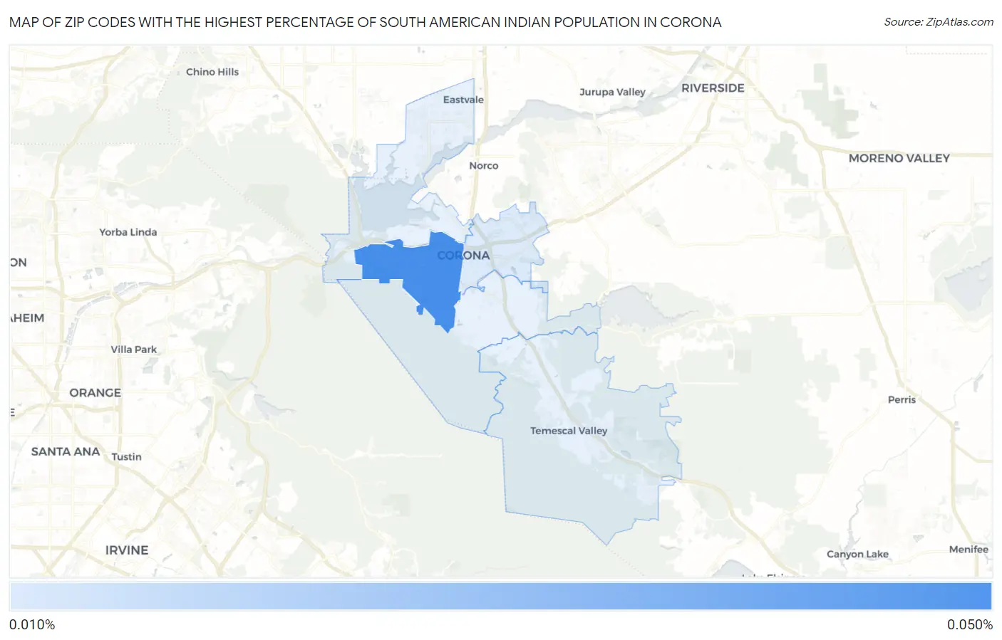 Zip Codes with the Highest Percentage of South American Indian Population in Corona Map