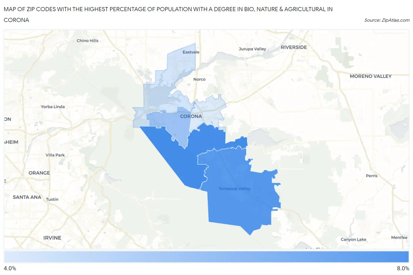 Zip Codes with the Highest Percentage of Population with a Degree in Bio, Nature & Agricultural in Corona Map