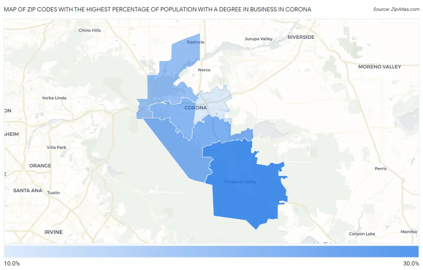 Zip Codes with the Highest Percentage of Population with a Degree in Business in Corona Map