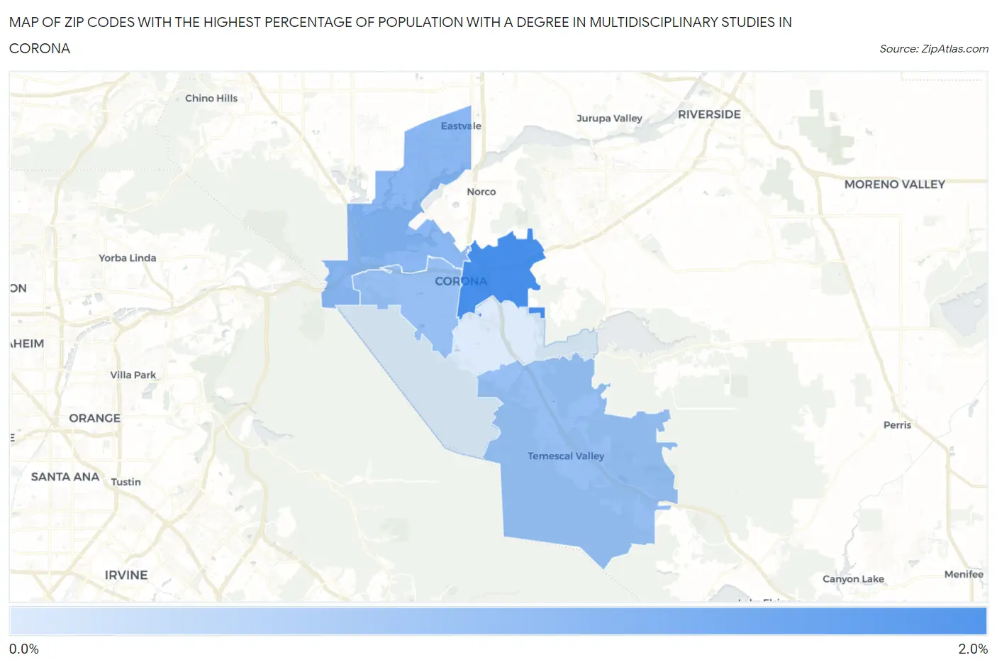 Zip Codes with the Highest Percentage of Population with a Degree in Multidisciplinary Studies in Corona Map