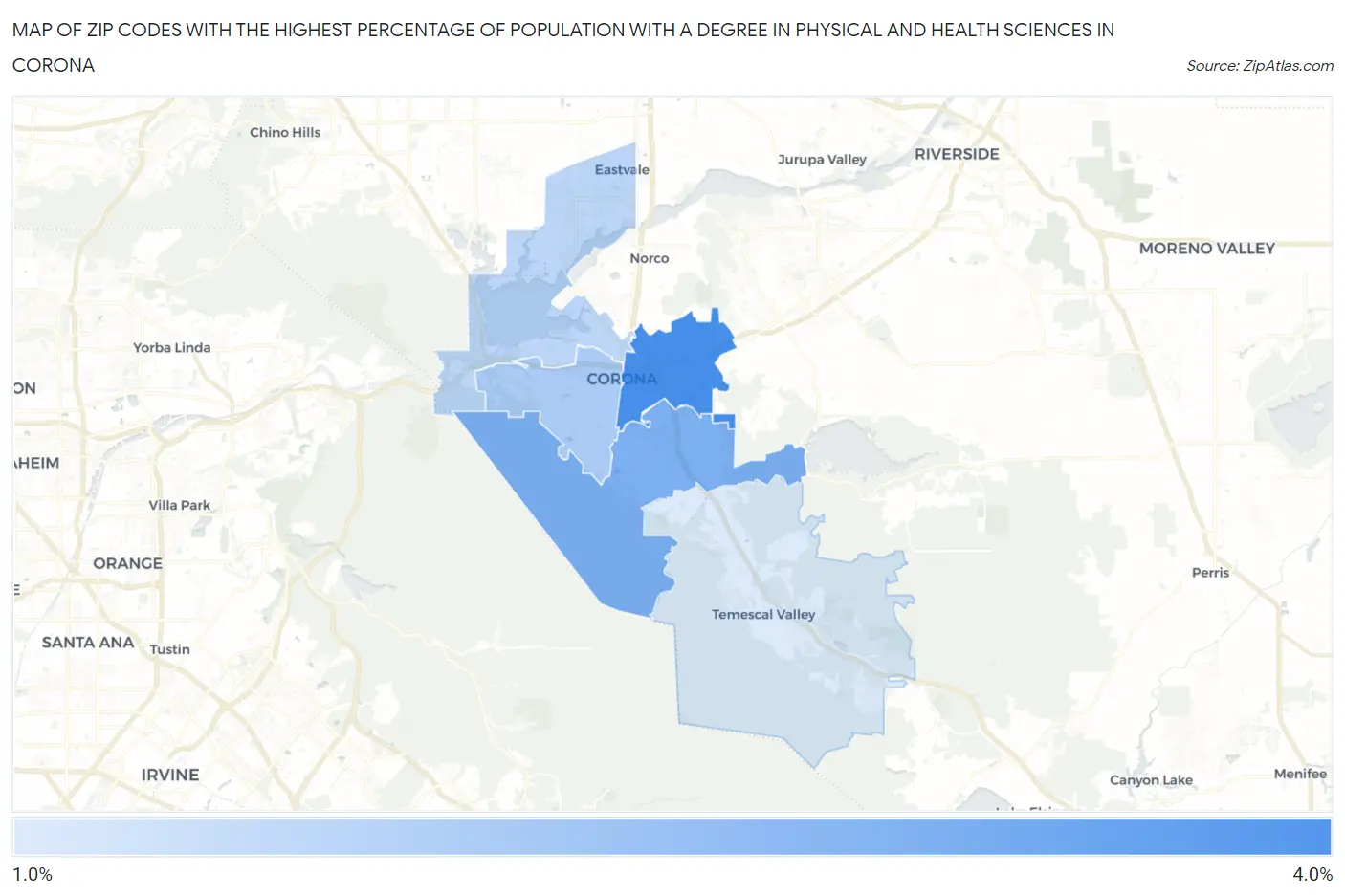 Zip Codes with the Highest Percentage of Population with a Degree in Physical and Health Sciences in Corona Map