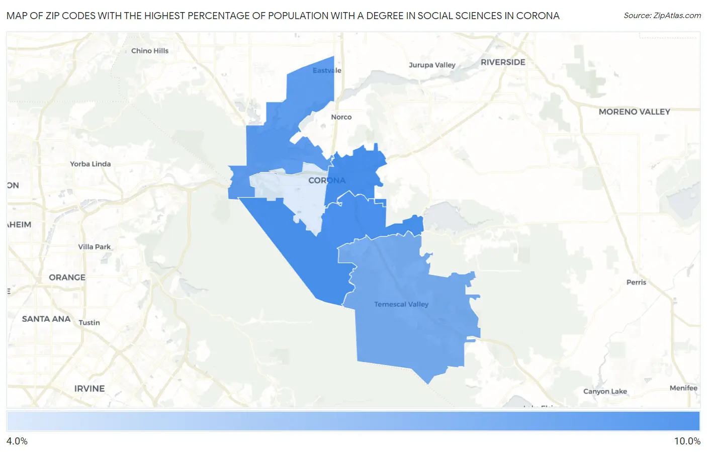 Zip Codes with the Highest Percentage of Population with a Degree in Social Sciences in Corona Map