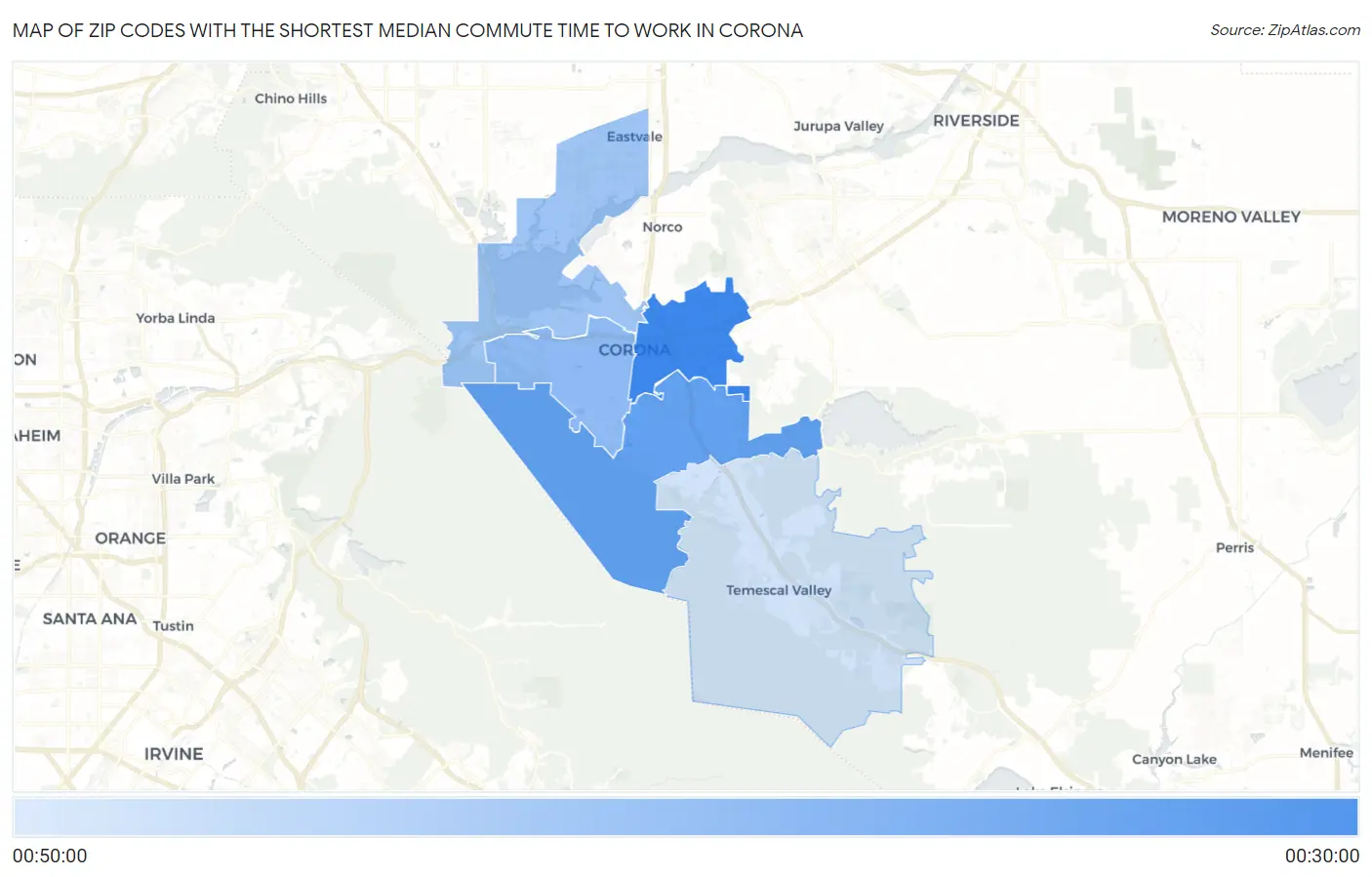 Zip Codes with the Shortest Median Commute Time to Work in Corona Map