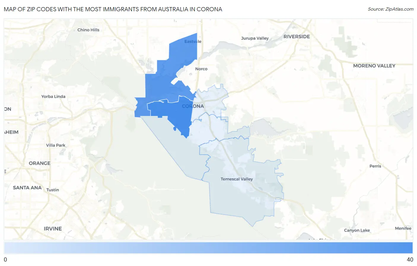 Zip Codes with the Most Immigrants from Australia in Corona Map