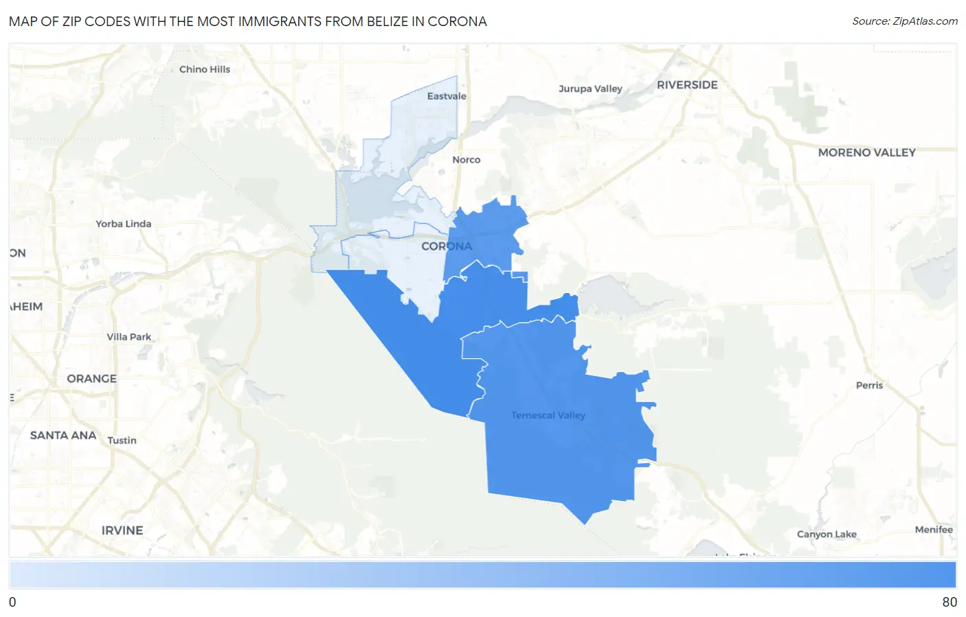 Zip Codes with the Most Immigrants from Belize in Corona Map