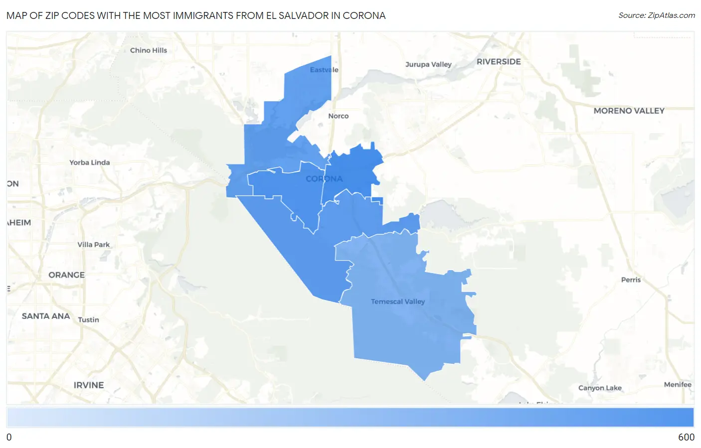 Zip Codes with the Most Immigrants from El Salvador in Corona Map