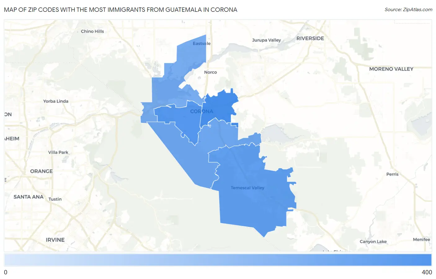 Zip Codes with the Most Immigrants from Guatemala in Corona Map