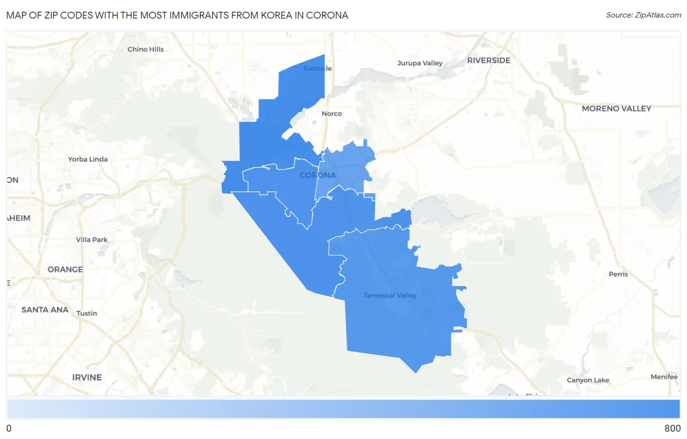 Zip Codes with the Most Immigrants from Korea in Corona Map