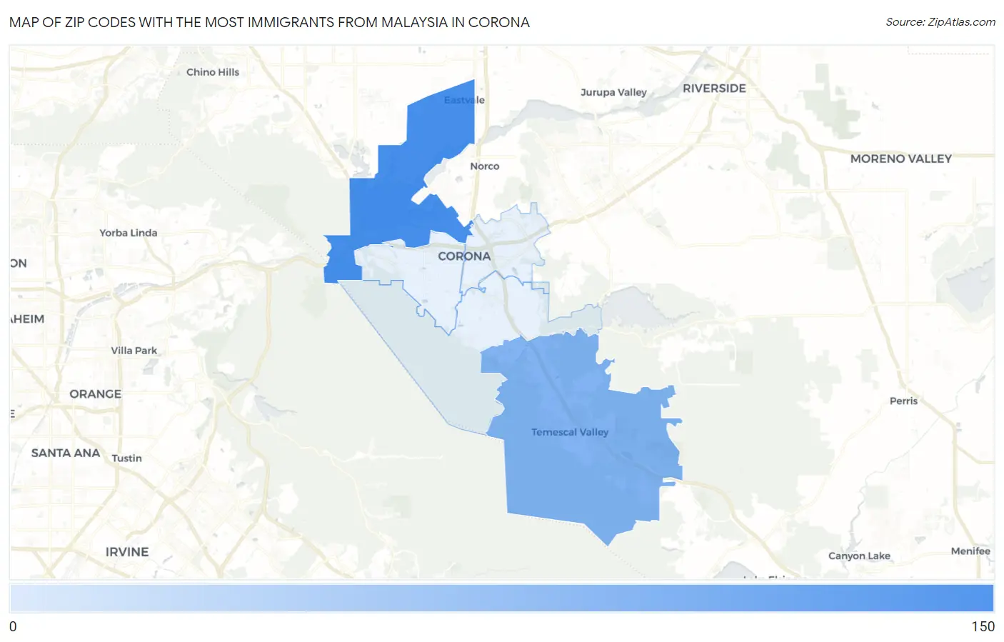 Zip Codes with the Most Immigrants from Malaysia in Corona Map