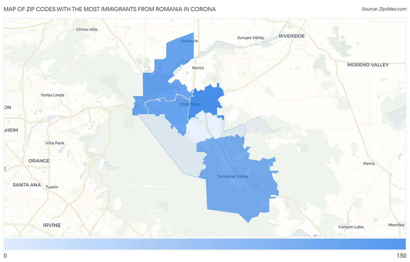 Zip Codes with the Most Immigrants from Romania in Corona Map