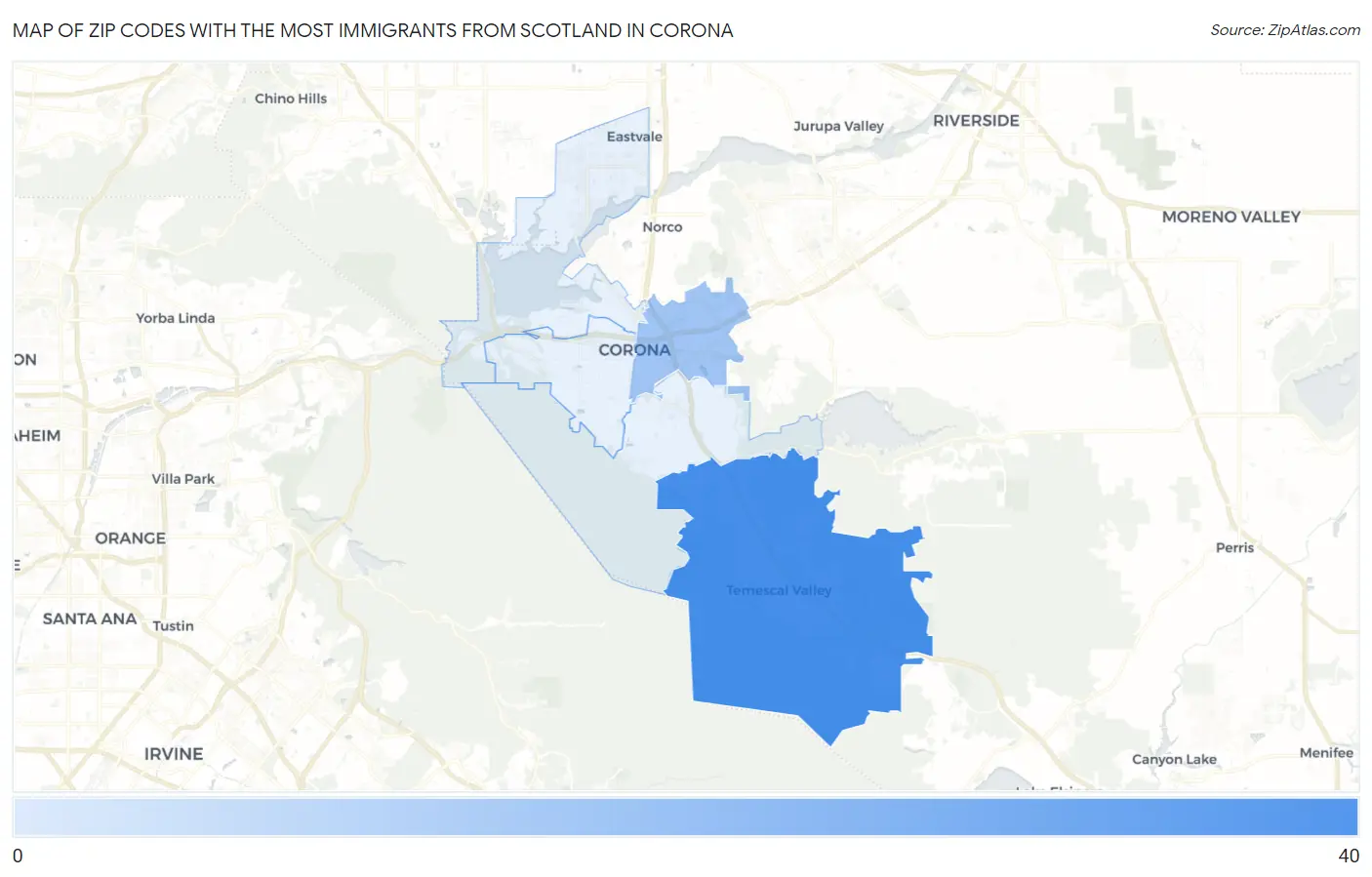 Zip Codes with the Most Immigrants from Scotland in Corona Map