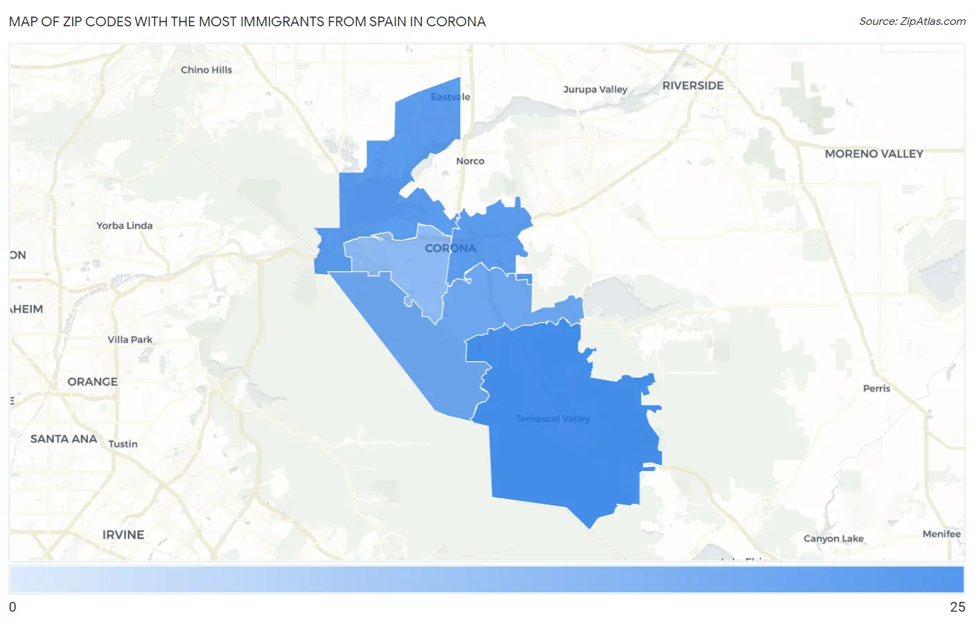 Zip Codes with the Most Immigrants from Spain in Corona Map